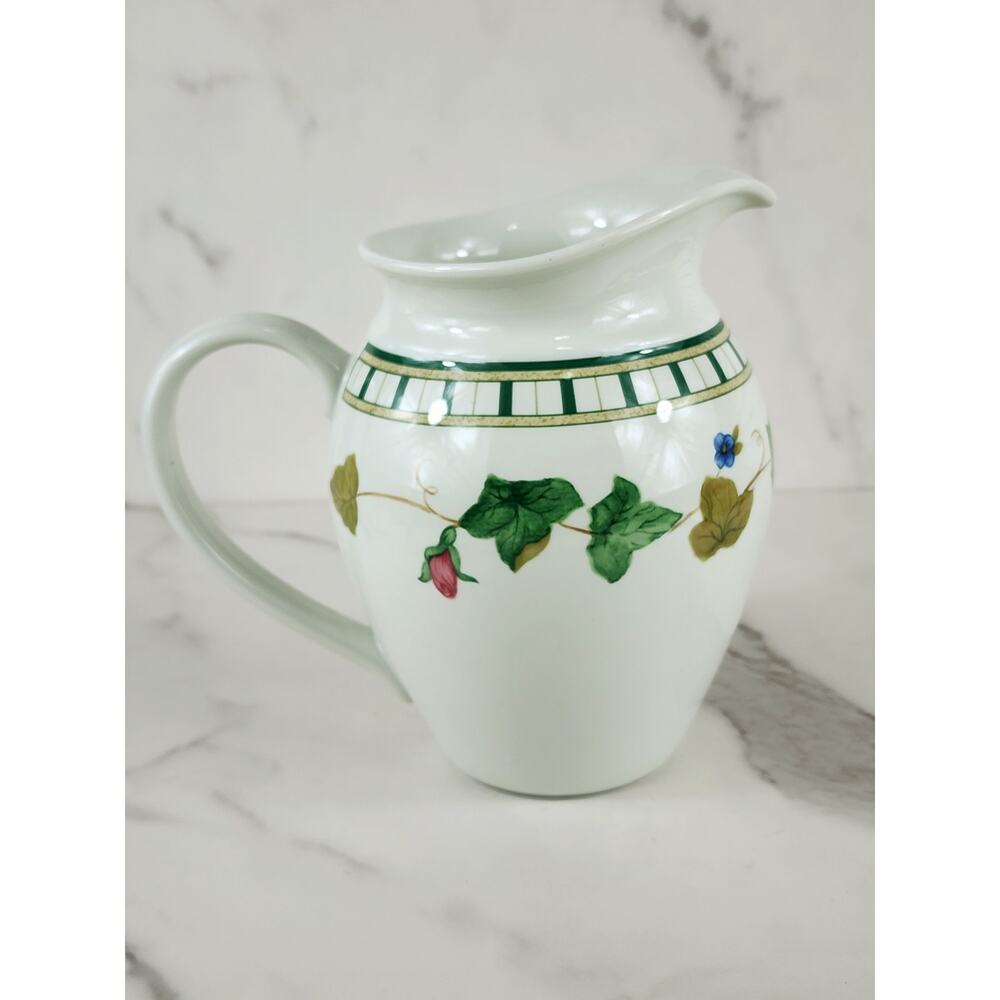 Lenox Pitcher Jug Summer Terrace 32oz Brazil 6 1/4" Rosebuds Green 90s Ceramic